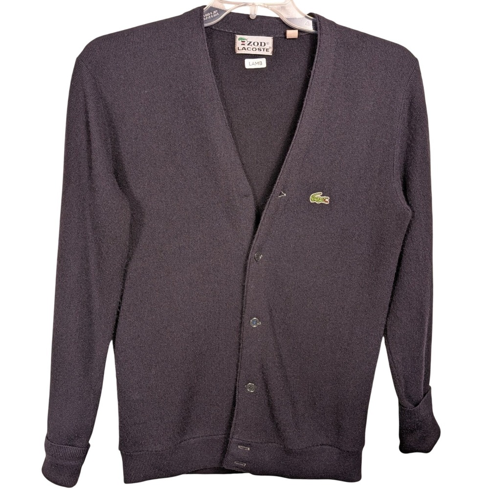 Izod Lacoste Cardigan Sweater Mens Medium Black Vintage Orlon V-Neck Logo